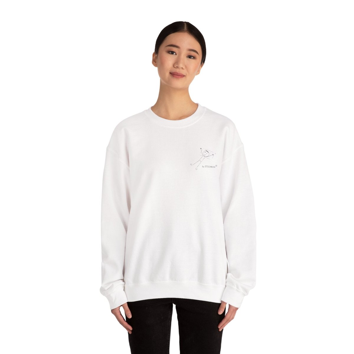 Person wearing white Stickman™ sweatshirt